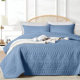 -us 445000442413 Twin Quilt Set Boho Style In A Solid Color Bluish Grey Lightweight Microfiber