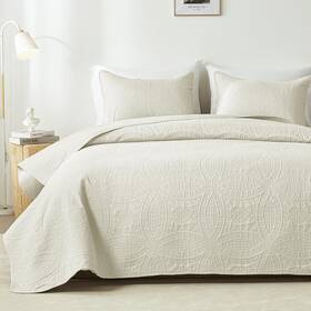 -us 445026282291 Full/queen Quilt Set Cream Lightweight Bedspread With Coin Pattern Soft Microfi