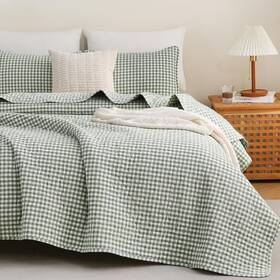 .01 313105862863 Green Brown Gingham Quilt Bedding Set 100% Washed Cotton Bedspread Coverlet Like
