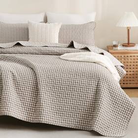 .01 445013750734 Tan Gingham Quilt Bedding Set 100% Washed Cotton Bedspread Coverlet Like Linen F