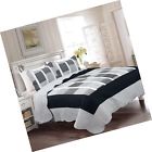 43224-3949 Fancy Linen Collection Bedspread Bed Cover Black Grey Stripe Squares