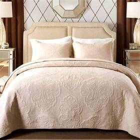 Abreeze 922197144456 Bedspread Set 3 Pieces Cotton Quilt Queen Size Beige Paisley Pattern All Sea