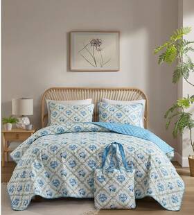 T4104349 Addsion Park 022164540680 Addison Olivia Floral 3-pc. Quilt And Tote Set Twin-blue