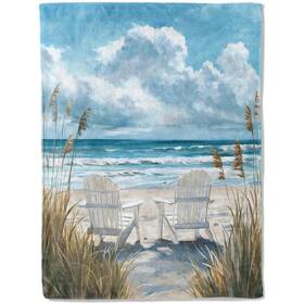 7845fghuiop172 Ainori Beach Serenity Flannel Blanket - Peaceful Coastal Scene With Chair And Ocean