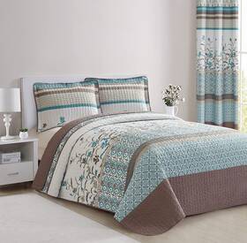 All American Collection 841380118974 3 Pc Floral Printed Brown And Turquoise Reversible Bedspread Quilt Set Coverl