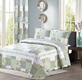 All American Collection 841380158628 New Reversible 3pc Floral Printed Patchwork Blue/green Bedspread/quilt Set Ma