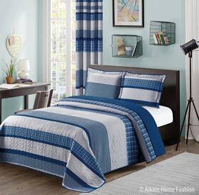 All American Collection 841380158758 Blue And Gray Modern Plaid 3-piece Queen Bedspread An