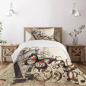 11022 Ambesonne Butterflies Bedspread Set Harp Ornament And Classic Musical Inst