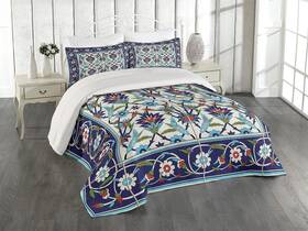 54037 Ambesonne Turkish Pattern Coverlet Mosaic Tiles With Nature Inspired Ornaments Tulips