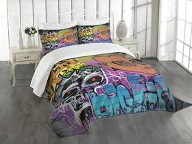 65132 Ambesonne Urban Graffiti Bedspread Set Hip Hop Design Wall Art Backgrou