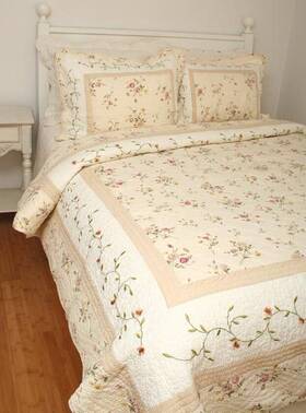 American Hometex 789303111223 Monica Rose 3pc Full Queen Quilt Set Cottage Ivory Embroidered Cream Coverlet