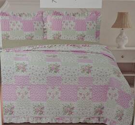 American Hometex 789303140087 S&r Pink Rose 3pc Full/queenquilt Set Country Vintage Ruffled Rag Garden Rosebud