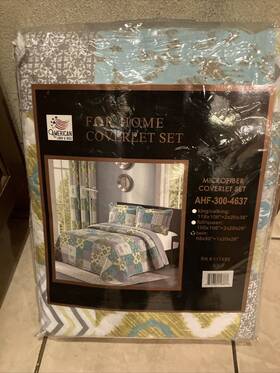 Ahf-300-4637 American Linen & Rugs 2pc Twin Microfiber Coverlet Set Quilted Gray/white/turquoise/gold Shades Nip