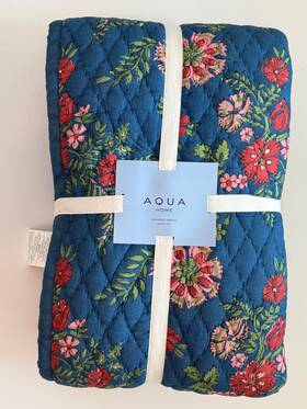 Aqua 197300060138 Floral Printed Reversible Queen Quilt Set Blue Toille New
