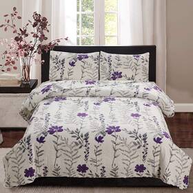 Arl Home 192408556101 Vintage Grey Leaves Purple Floral Bedding Set - King Size Bedspread Coverlet