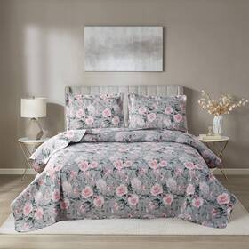Arl Home 192408556378 Floral King Size Quilt Set - Lightweight Reversible Bedspread With Grey Leave