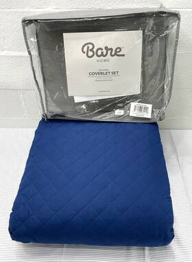 Bare Home 669799587514 Queen / Full Dark Blue Diamond Stitch Quilted Coverlet W Shams Set