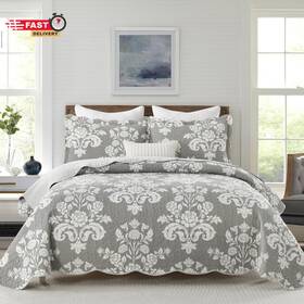 Bcottond 445031728760 King Size Quilt Set - 100% Cotton Grey Gray Floral Pattern Farmhouse