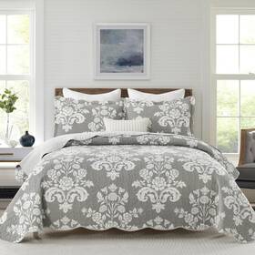 Bz04 Bcottond King Size Quilt - 100% Cotton Grey Set Farmhouse Paisley Floral Bedspre
