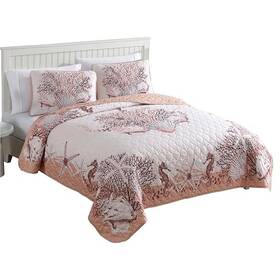 Beatrice Home Fashions 048986883453 Coastal 3-piece Quilt Set King Beach Delight Coral