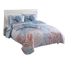 Beatrice Home Fashions 048986890161 Coastal 3-piece Quilt Set King Coral Sea Turtle