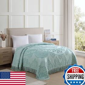 B0cvshrbhw Beatrice Home Fashions Full Blue Lotus Medallion 100 Cotton Chenille Bedspread