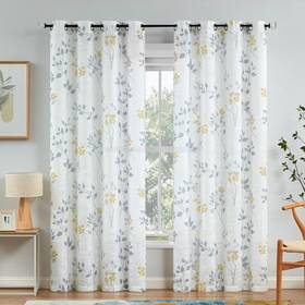 Ldsddsflora52x95x2gyyl Beauoop Floral Linen Semi Sheer Curtains 96 Inches Long 2 Panels For Living R