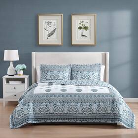 Bebejan 810066557536 Aquamarine Medallion 3 Piece Reversible Quilted Coverlet Set Queen
