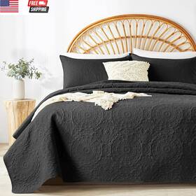 Bedding 445001670655 Black Quilt Set King/cal King Size Embossing Microfiber Bedspreads With Pillow