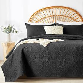 Bedding 445042864877 Black Quilt Set King/cal King Size Embossing Microfiber Bedspreads With