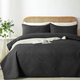 Bedding 705354006790 Full/queen Quilt Set Black Ultrasonic Embossed Bedspread Lightweight Microfiber
