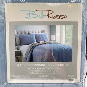 Inv00499 Bella Russo Queen Size 3 Piece Reversible Coverlet And Shams Set Blue Quilted New