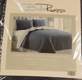 Inv00599 Bella Russo Nip 3 Pc. Reversible Coverlet Queen Size One Side Dk Blue / Lt