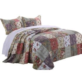 Benjara 192551553248 Chicago 3 Piece Fabric Queen Bedspread Set With Jacobean Multicolor