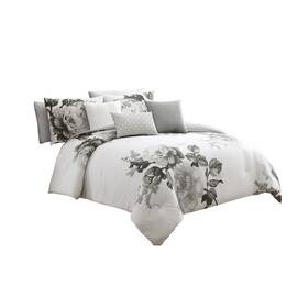 Bm225192 Benjara 7 Piece Cotton Queen Comforter Set With Floral Print Gray And White
