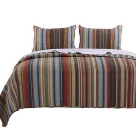 Bm101913 Benzara Fabric Quilt Set With Striped Prints Multi Color - Queen Size 3 Piece