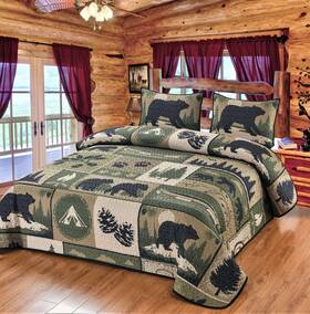 Bestgiftever 689354021345 Forest Camping Bear Canoe Queen Quilt Bedding Set Cabin Lodge Bedspread Coverlet