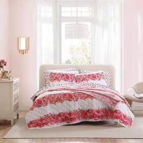 Betsey Johnson 313029992912 Branded Floral 3-piece Pink Microfiber King Reversible Quilt Set
