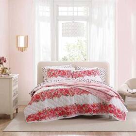 Betsey Johnson 883893836808 3 Piece Pink Floral Microfiber Reversible Home King Sham Comforter Quilt Set