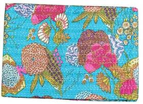 Bfkqq023 Bhagyashri Fashions Indian Handmade Cotton Queen Turquoise Fruits Print Kantha