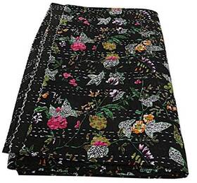 Bfkqq045 Bhagyashri Fashions Indian Handmade Black Paradise Floral Print Fabric Kantha Quilt Queen Tribal