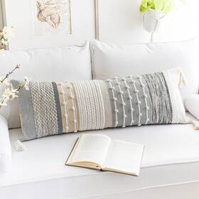 Lw-4567 Blissblush Gray Boho Lumbar Throw Pillow Cover 14x36 Grey Accent Long Body Lu