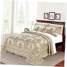 Bnfdamask03-beige Bnf Home Damask 4 Piece Bedspread Set Scalloped Edge Oversized Queen 110 Inch X 120 Beige