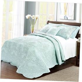 Bnfdamask04-blue Bnf Home Damask 4 Piece Bedspread Set Scalloped Edge Oversized King 120 Inch X Blue