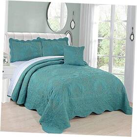 Bnfdamask04-teal Bnf Home Damask 4 Piece Bedspread Set Scalloped Edge Oversized King 120 Inch X Teal