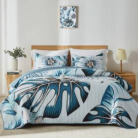 Botanical Quilt Set 313032059091 King Bedding White Green Pattern Light Blue King/cal Qu