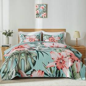 Botanical Quilt Set 445032392366 King Bedding Green Pink Pattern Sky Blue King/cal
