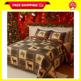 Y100-hfb Bov Deer Quilt Set Queen 3-piece Rustic Lodge Christmas Bedding With Pine Tree Pat