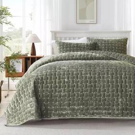 Branded 744759927286 Velvet Quilt King Size - Luxe Olive Green Set Lightweight Comforte