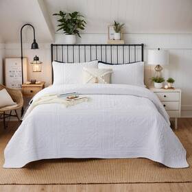 20231009qs001 Brandream White Cotton Queen Size Quilted Comforter Set 3-piece Farmhouse Bedding